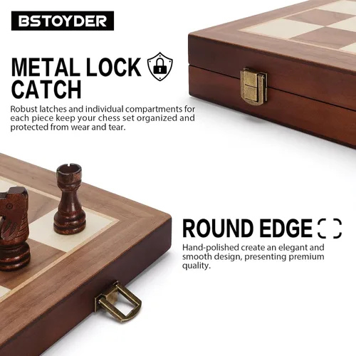 Vista 6 de Juego de mesa de ajedrez y damas de madera magnética 2 en 1, tableros de ajedrez plegables de 15" con 2 reinas extra, juegos de ajedrez de viaje