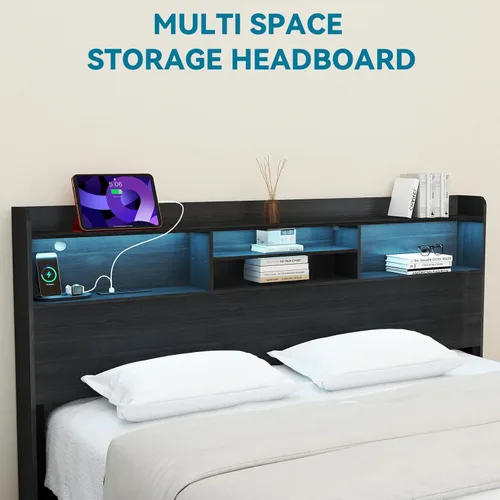 Vista 15 de Kiivakii Estructura de cama tamaño completo con cabecero, cama plataforma LED con 4 cajones de almacenamiento, estación de carga integrada, sin