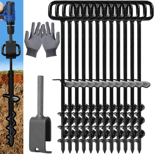 Vista 8 de Estacas de tienda de campaña de 16 pulgadas con 6 adaptadores resistentes, anclajes de tierra de tornillo, kit de enderezamiento de árboles, Negro