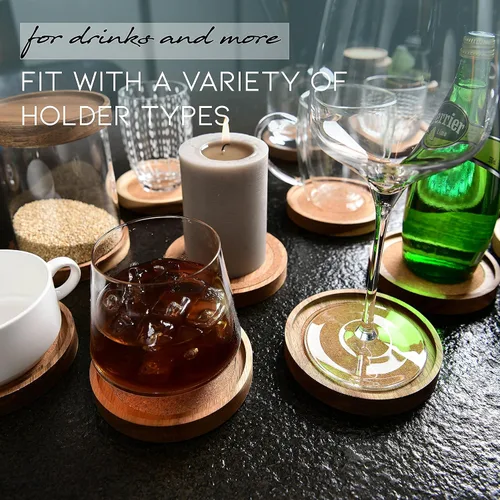 Vista 5 de Portavasos de madera de acacia para bebidas, 4.13 pulgadas, juego de 6, absorbentes y aislantes, apilables de corcho, posavasos rústicos para mesa