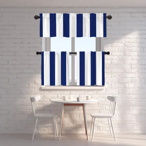 Vista 6 de Shrahala Cenefas de cocina con rayas clásicas azules, cortinas blancas para media ventana, tratamiento de ventana de poliéster multicapa para sala