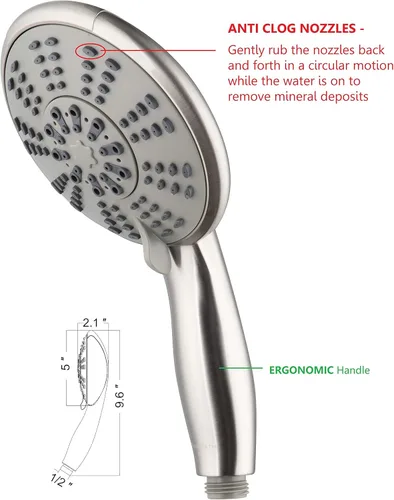 Vista 2 de Cabezal de ducha doble grande antiobstrucciones de 5 pulgadas con rociador de mano, 5 modos de pulverización únicos, conector de latón, manguera