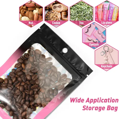 Vista 5 de Paquete de 100 bolsas holográficas de Mylar, bolsa de papel de aluminio transparente con cierre, bolsa de embalaje para almacenamiento de alimentos