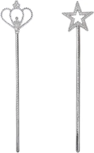 Paquete de 2 varitas de estrella plateadas, varitas de corona, varitas de hadas de princesa, palos mágicos para niñas, cumpleaños, fiesta, Halloween
