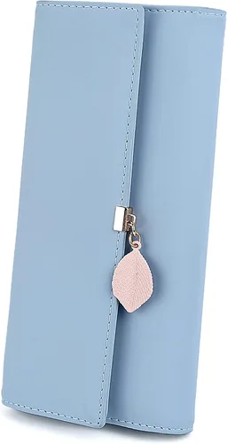 Vista 13 de UTO - Cartera pequeña RFID de piel sintética con dije de hoja, cierre de cremallera y tarjetero.