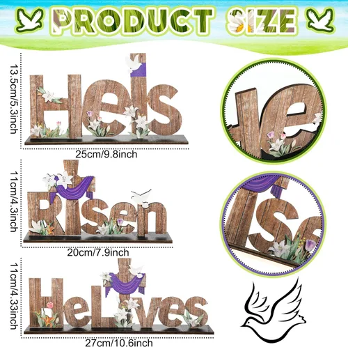 Vista 2 de Marsui 3 piezas de decoraciones de Pascua con texto en inglés «He is resucitado», letreros de madera con texto en inglés «He is resucitado»