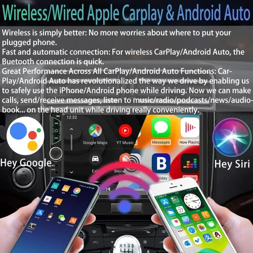 Vista 2 de Estéreo de Auto Doble DIN con Apple CarPlay Inalámbrico, Android Auto Inalámbrico, Pantalla Táctil HD de 7 Pulgadas, Radio de Coche con Bluetooth