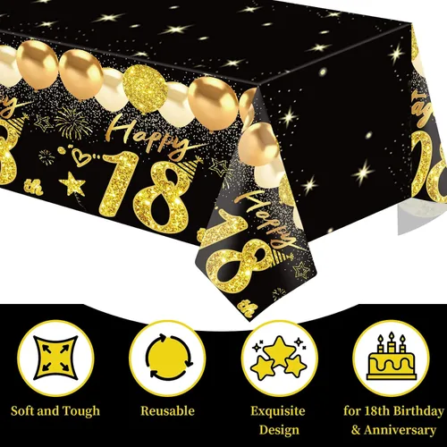 Vista 6 de Uiorgui 2 manteles de cumpleaños de 18 años, decoración de cumpleaños número 18 negro y dorado para niños y niñas, mantel rectangular de plástico
