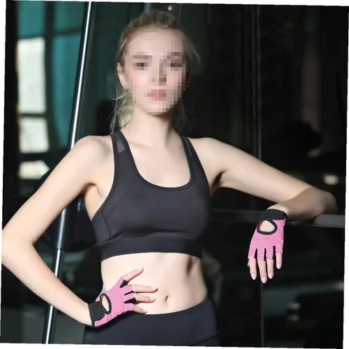 Vista 6 de PRETYZOOM Guantes de entrenamiento de medio dedo para mujer con palma de silicona antideslizante, transpirables, absorben el sudor