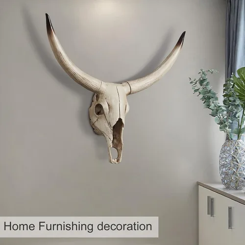 Vista 5 de Notakia Gaobei - Escultura de calavera de vaca de cuerno largo para colgar en la pared, decoración de resina