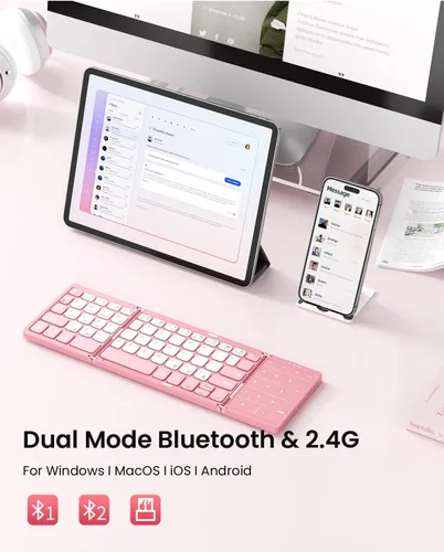 Vista 4 de Teclado Bluetooth plegable, teclado inalámbrico portátil plegable con teclado numérico táctil, bolsillo de viaje para MacOS, Android, Windows, iOS