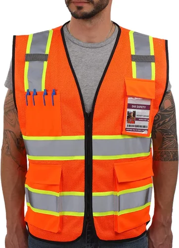 Vista 14 de Dib Safety Chaleco reflectante de alta visibilidad con bolsillos y cremallera, negro con ribete amarillo, talla S