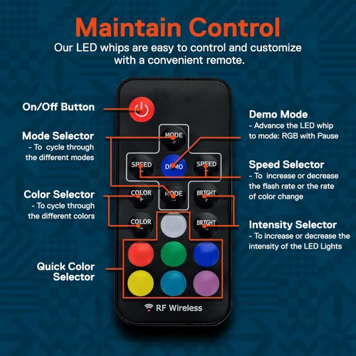 Vista 6 de True Mods - Látigos luminosos de antena de luces led, en espiral, de 4', 21 modos, 20 colores, control remoto por RF, resistente a la intemperie