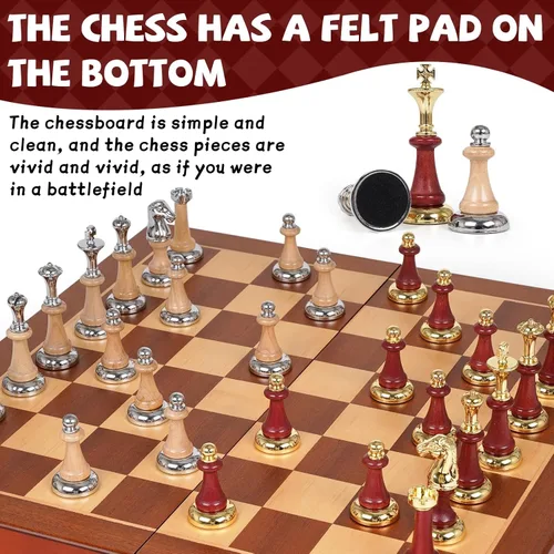 Vista 3 de Juego de ajedrez grande de madera con piezas de ajedrez de metal y madera, juego de ajedrez de lujo de 17 pulgadas con 2 reinas adicionales, juego