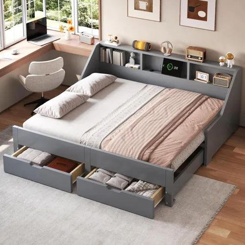 Vista 18 de JIVOIT Sofá cama extensible con cama nido y dos cajones de almacenamiento, marco de sofá cama de madera con soportes de listones de madera, diseño
