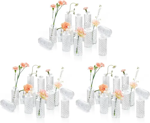 Vista 13 de ComSaf - Jarrones pequeños de vidrio a granel, paquete de 6 para centros de mesa, transparente Diamond Embossed Design, Mini Flower Display