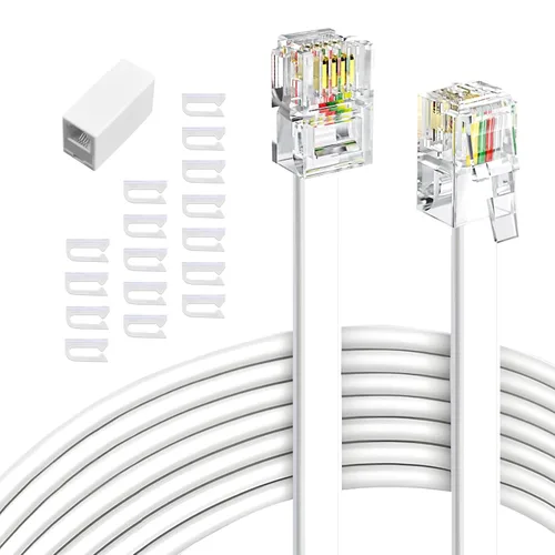 Cable de extensión de teléfono de 15 pies, 1 unidad, cable de teléfono con enchufe RJ11 estándar y 1 acoplador en línea y 20 soportes para clips de