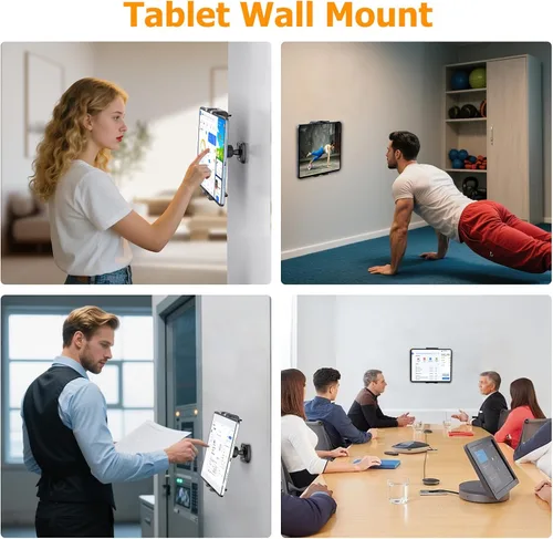 Vista 2 de OHLPRO Soporte de pared para tableta, giratorio de 360°, ajustable, universal, soporte para iPad, para cocina, oficina, almacén, hogar, compatible