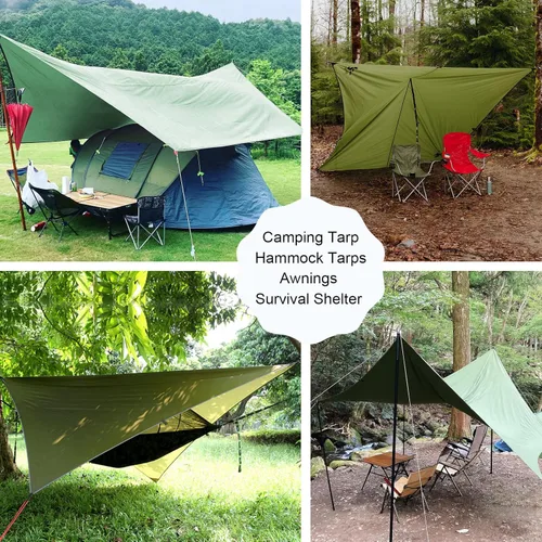 Vista 7 de AYAMAYA - Lona de campamento con postes – Lonas de gran tamaño de 10 x 15 pies – Toldo impermeable para hamaca toldos, toldo para lluvia, mosca