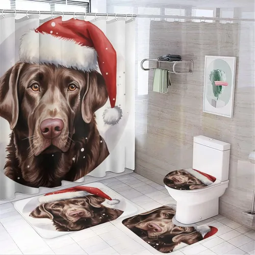 Vista 9 de Juego de 4 cortinas de ducha de baño de Labrador de chocolate, gorro de Papá Noel, juego de cortinas de ducha antideslizantes y tapete de inodoro