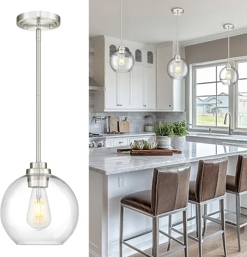 Vista 17 de Luces Colgantes para Isla de Cocina, Lámpara Colgante Moderna Dorada con Pantalla de Globo de Vidrio Transparente, Accesorios de Iluminación