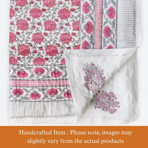 Vista 2 de Saffron Marigold Manta acolchada reversible rosa, tamaño Queen, hecha a mano, con estampado de dalia Daydreams de algodón Jaipuri Razai, colcha