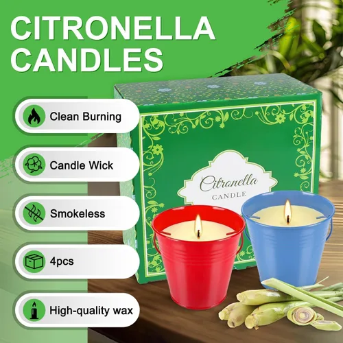 Vista 5 de Citronella Candles - Juego de 4 velas de cera de soja multicolor de 12 onzas, combustión limpia, sin humo para decoración de patio, jardín, balcón