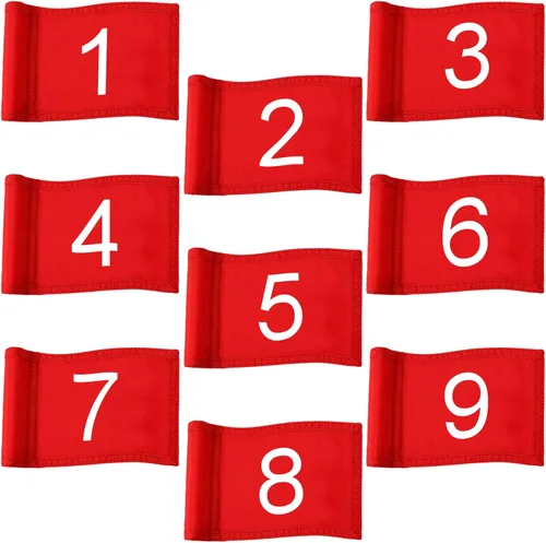 Riakrum 9 banderas de mini golf para patio de 8.9 x 5.7 pulgadas, 1-9 banderas de nailon para poner verde con tubo insertado numerado patio interior