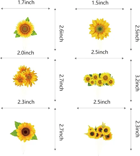 Vista 2 de Fenghu 48 piezas de adornos de girasol para cupcakes de girasol, suministros de decoración de fiesta de cumpleaños