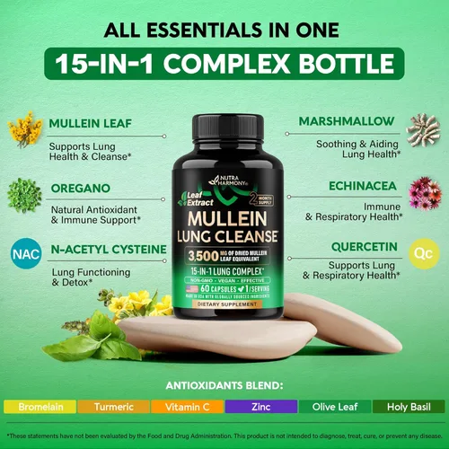 Vista 5 de Mullein Lung Detox - Extracto de hoja de gordolobo - Raíz de malvavisco Equinácea Orégano Quercetina NAC - Suplemento 15 en 1 de apoyo