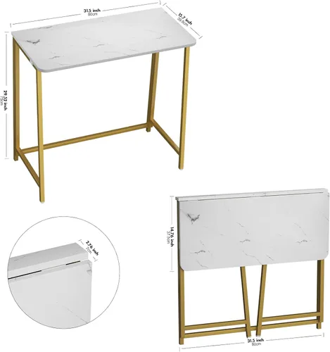 Vista 3 de WOHOMO Escritorio plegable de mármol sintético blanco, escritorio pequeño de 31.5 pulgadas para espacios pequeños con patas doradas, escritorio