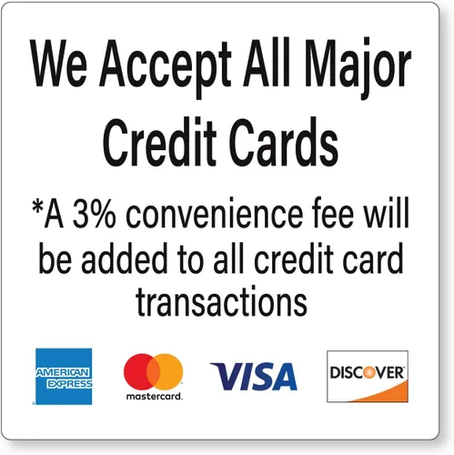 Paquete de 3 calcomanías de pago con tarjeta de crédito con 3% de aviso de conveniencia, logotipos Visa Mastercard Amex Discover, parte trasera