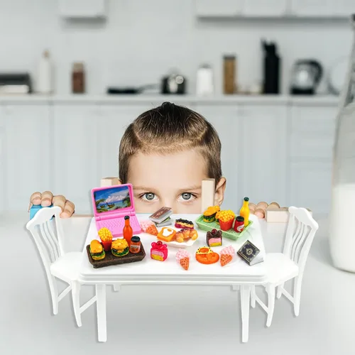 Vista 8 de 30 piezas de alimentos en miniatura, bebidas, computadora portátil, libros, juguetes, casa de muñecas, muebles en miniatura, mesa de plástico, se