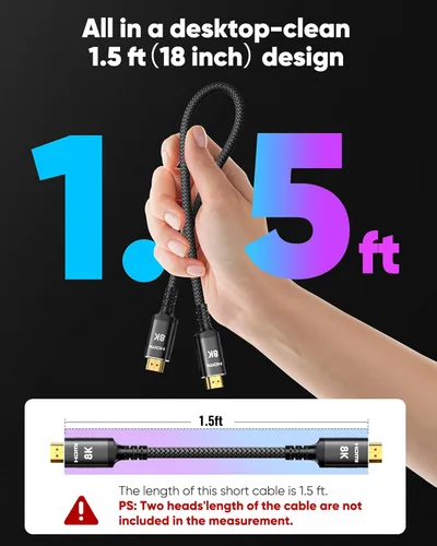 Vista 4 de Snowkids Cable HDMI 2.1 8K de 1.5 pies, Cable HDMI de Ultra Alta Velocidad de 48Gbps, 10K 8K@60Hz, 4K@120Hz Compatible