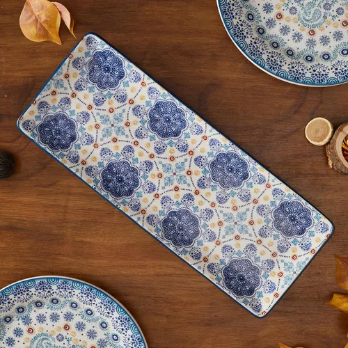 Vista 3 de Bico Blue Talavera - Juego de 2 platos rectangulares de cerámica de 14 pulgadas, para servir ensalada, pasta, queso, jamón, aperitivo, microondas