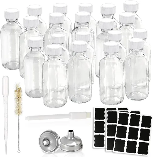 Vista 10 de 20 piezas de botellas de vidrio de 2 oz con tapas, tarros de vidrio pequeños, contenedor de shots de bienestar, botellas de muestra de líquido de 60