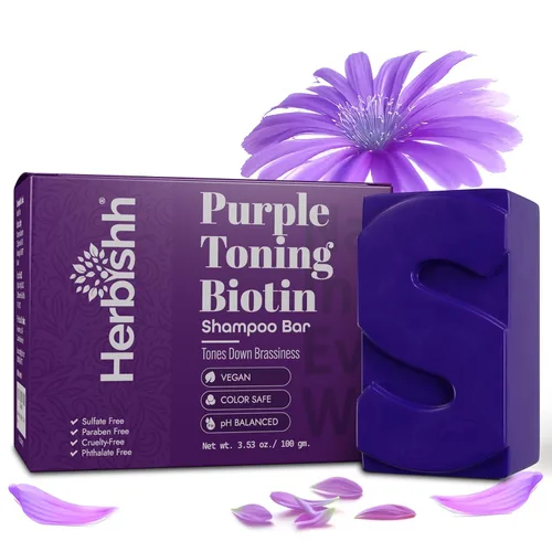 Vista 2 de Herbishh Paquete de 5 barras de champú morado para cabello rubio con biotina, barra sólida para neutralizar los tonos cobrizos, fortalecer y agregar