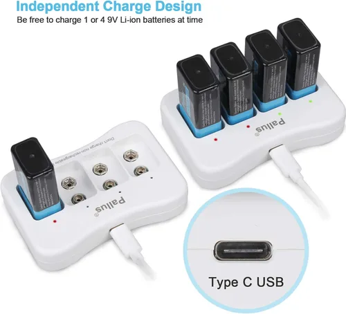 Vista 4 de Pallus - Cargador de batería recargable de 9 V, cargador de baterías de iones de litio recargables de 9 voltios, cargador de baterías USB de 9