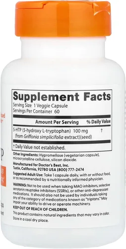 Vista 2 de Doctor 's Best, Mejor 5-HTP, 100 mg, 60 veggie caps