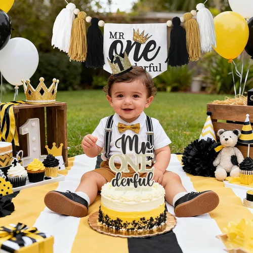Vista 5 de Decoraciones de fiesta de primer cumpleaños de Mr Onederful para bebé Mr Onederful Bandera para silla alta Corona Topper de pastel Decoraciones