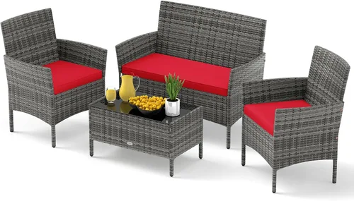 Vista 15 de RELAX4LIFE Juego de muebles de patio de 4 piezas – Juego de muebles de ratán para conversación al aire libre con cojines, mesa de centro de cristal