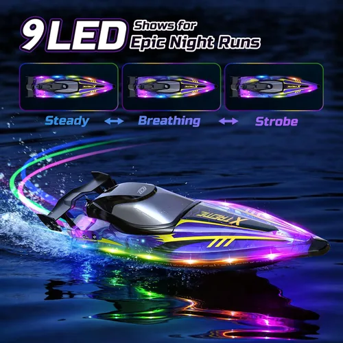 Vista 3 de DEERC Barco a control remoto grande de alta velocidad de 17 pulgadas, barco de control remoto con 9 luces LED, 32+ KPH, tiempo de funcionamiento