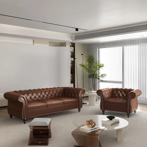 Vista 31 de Juego de 2 piezas para sala de estar, sofá loveseat Chesterfield de terciopelo con silla, brazos enrollados y tachuelas para sala de estar, oficina