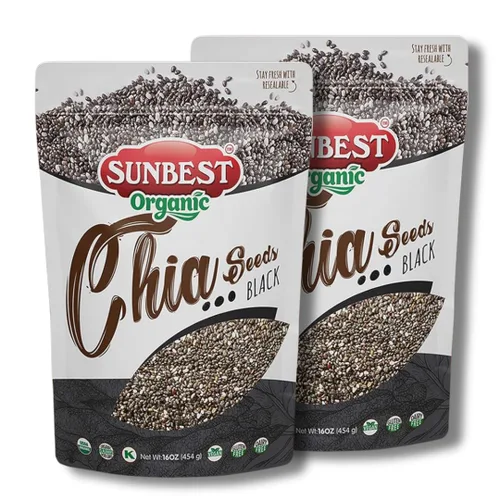 Sunbest Natural Semillas orgánicas de chía negra, paquete de 2 (16 onzas cada una), sin OGM, veganas, kosher, altas en omega-3, fibra y proteína,