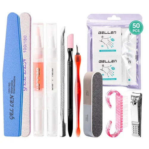 Gellen Almohadillas limpiadoras de uñas, 50 piezas con 10 herramientas de manicura: bolígrafo empujador de cutículas de cerámica, kit de cuidado de