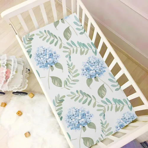 Vista 6 de Sábanas bajeras ajustables para cuna, hortensias florales azules con hojas, sábanas elásticas portátiles para bebé niño, colchón de mini cuna