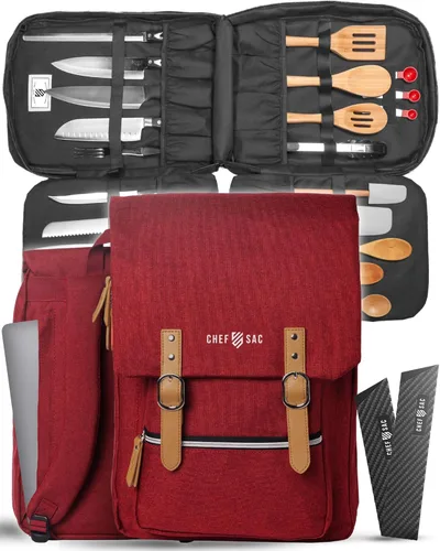Vista 10 de Chef Sac Mochila vintage para cuchillos de chef, más de 30 bolsillos para cuchillos y herramientas de chef, funda de transporte de cuchillos