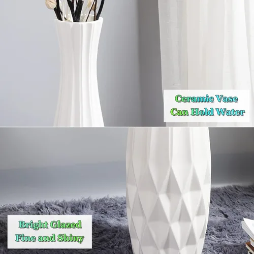 Vista 7 de Jarrón blanco de 28 pulgadas de alto, jarrón decorativo de cerámica grande para sala de estar, soporte de flores a rayas para decoración del hogar