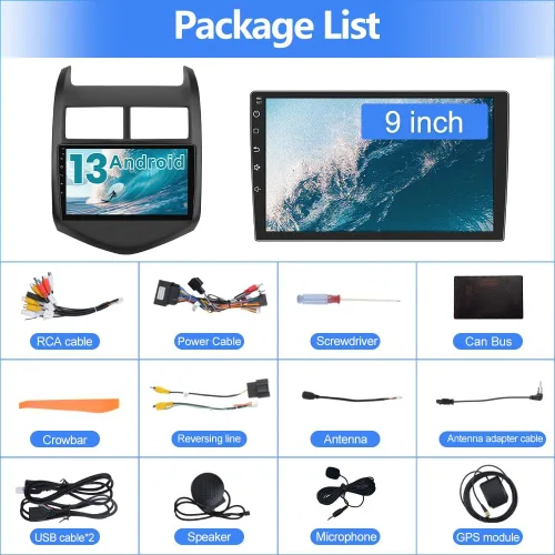 Vista 9 de Estéreo de coche Android 13 para Chevy Aveo Sonic 2011-2015, pantalla táctil de 9 pulgadas, radio de coche con CarPlay inalámbrico Android Auto