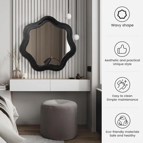 Vista 4 de Glitzhome Wavy Wall Miroor - 33.5''D Round Accent Mirror Decorative or Bedroom Living Room Entryway Hallway, Black Wood Frame